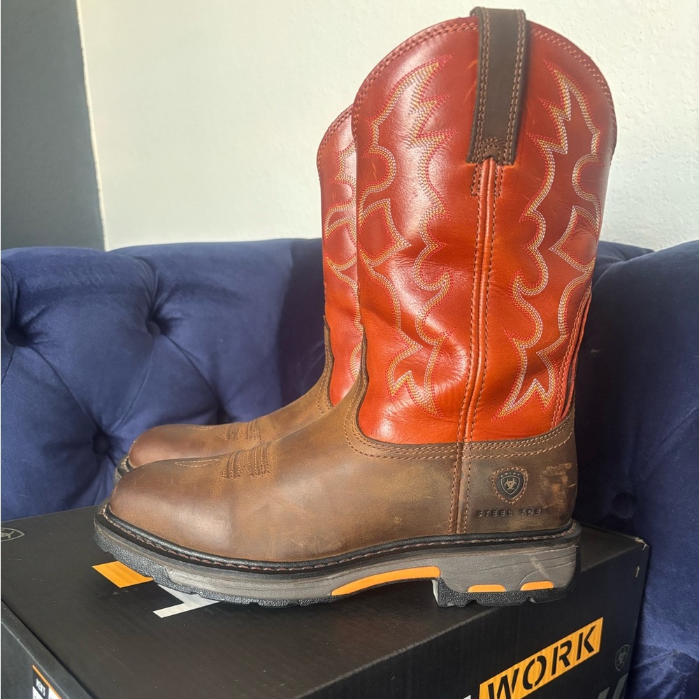 Ariat Work Brown Leather Steel Toe Boots with Orange Logo Accent
